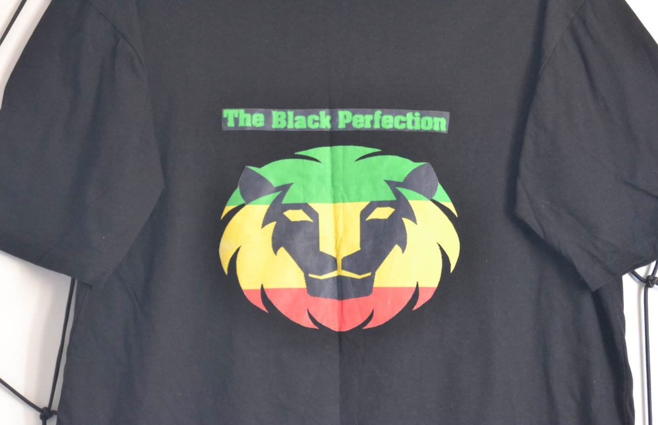 Black Reactrion T shirt Lion logo Ice green & gold